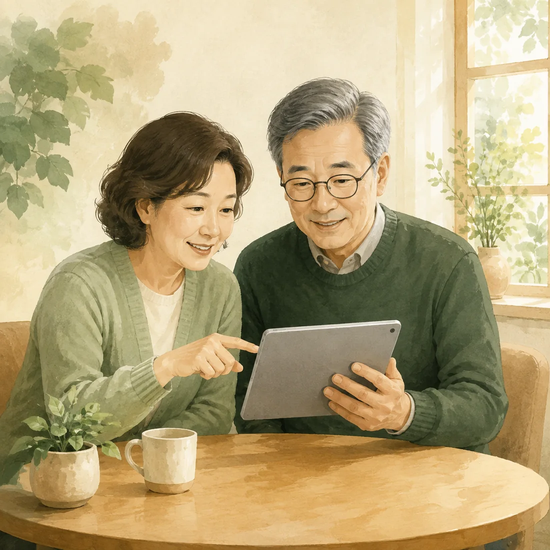 밝은 거실에서 함께 태블릿으로 생활 혜택을 확인하는 중장년 부부